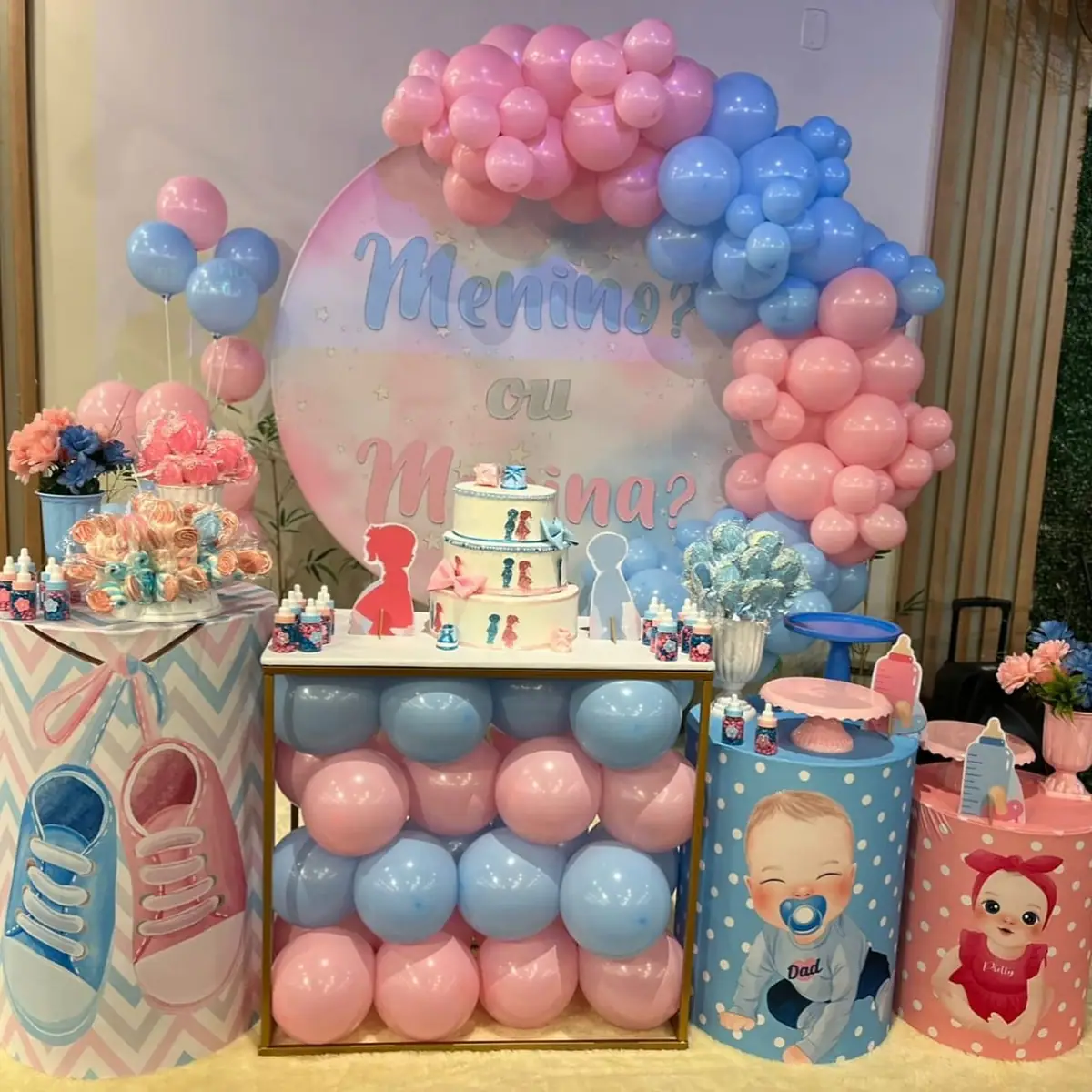Decoração de festa com tema Chá revelação montada no Recanto Mania